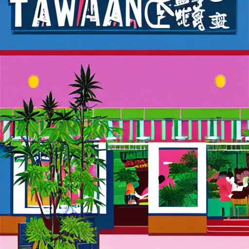 Image similar to taiwanese style cafe australian, decorated with cannabis pot plants 🪴 utopia frontage, pop art poster, beautiful colors pastel palette by will barnet