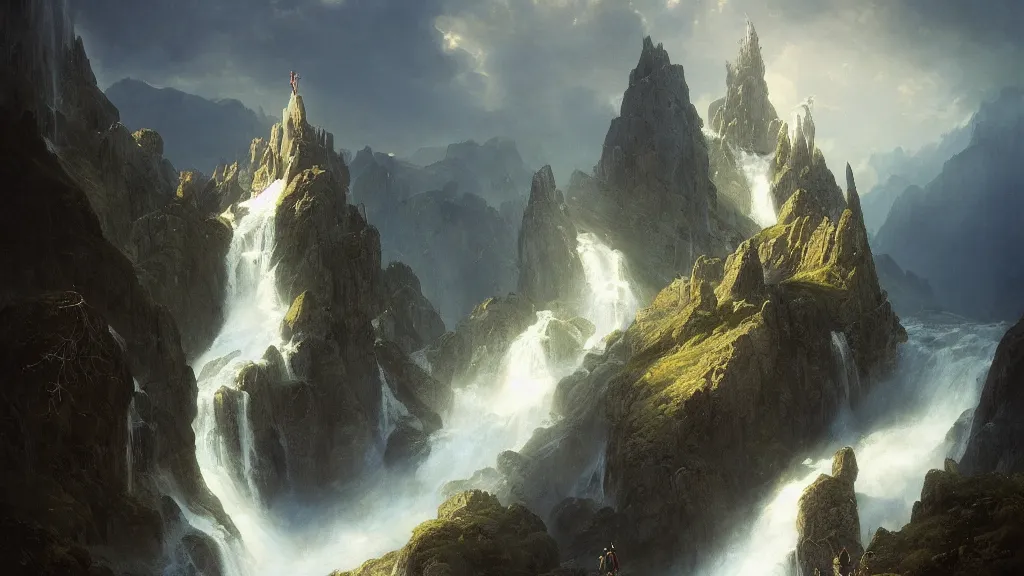 Image similar to elven spire above the great alpine waterfall. andreas achenbach, artgerm, mikko lagerstedt, zack snyder, tokujin yoshioka