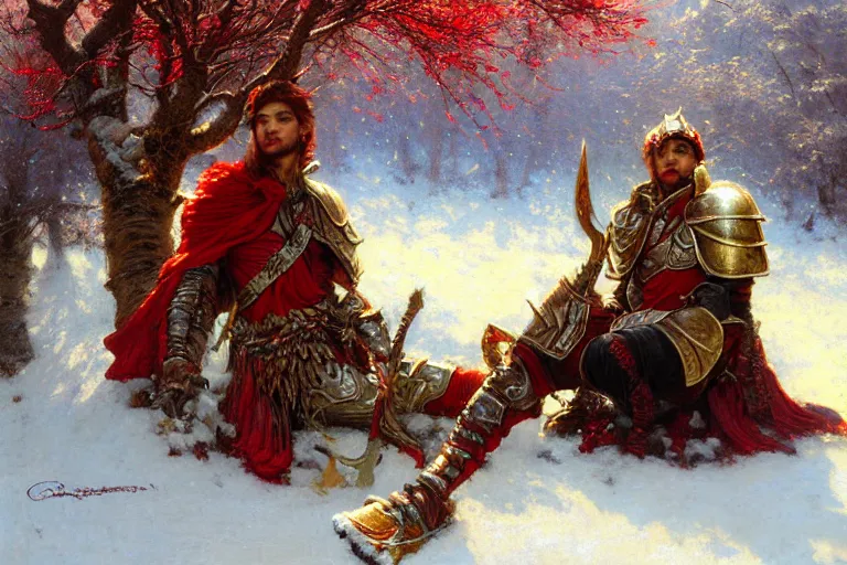 Image similar to winter, a male warrior wearing armor relaxing under a world tree with red flowers, ground covered with snow, extreme long shot, fantasy, painting by gaston bussiere, craig mullins, j. c. leyendecker, trending on artstation