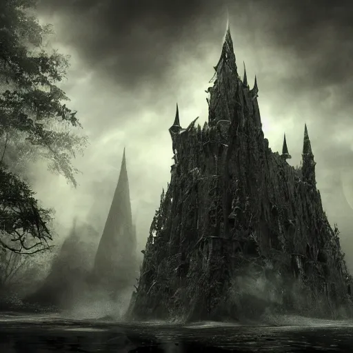 Image similar to full body pose, hyperrealistic photograph of the black castle of rotbog swamp, dim volumetric lighting, 8 k, octane beautifully detailed render, extremely hyper detailed, intricate, epic composition, cinematic lighting, masterpiece, trending on artstation, very very detailed, stunning, hdr, smooth, sharp focus, high resolution, award, winning photo, dslr, 5 0 mm