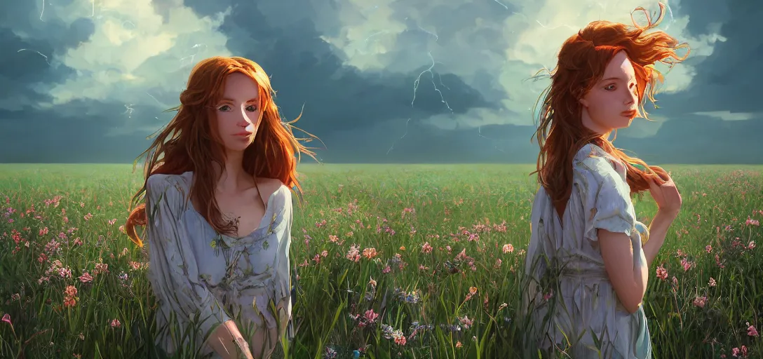 Image similar to a beautiful southern woman named Savannah, innocent, somber turquoise eyes, freckles, long ginger hair tied with white ribbon, relaxed in a field of flowers on a farm, gentle lighting, storm in the distance, western clothing, dress, digital art by Makoto Shinkai ilya kuvshinov and Wojtek Fus, digital art, concept art,