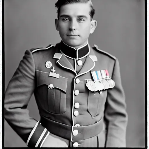 Image similar to his highness the heir presumptive, a clean shaven man in his early 3 0 s with a pleasant look and thick, light hair, his military uniform bearing several medals, black and white photography, kodak retina i, 3 5 mm, photo taken 1 9 0 8