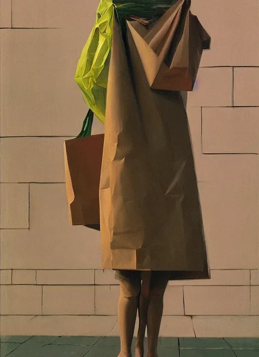 Image similar to woman in dress made from plastic bag with paper bags for clothes standing inside paper bags with paper bag over the head at store display Edward Hopper and James Gilleard, Zdzislaw Beksinski, highly detailed