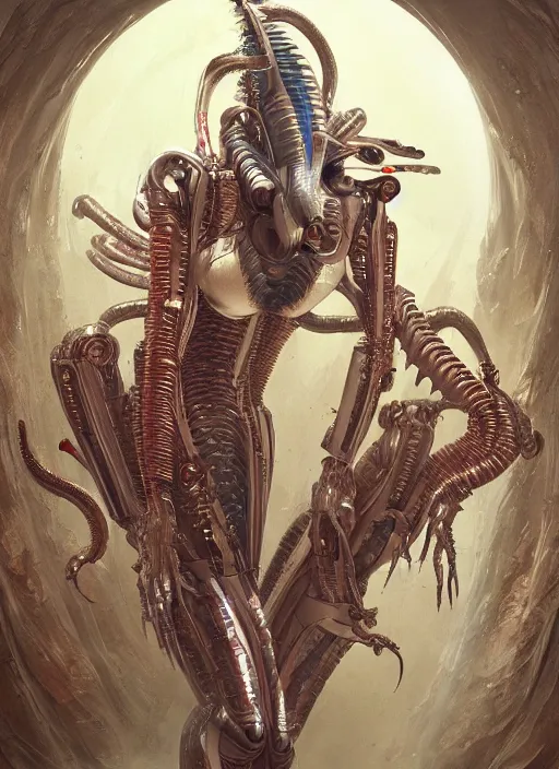 Image similar to portrait of a futuristic geisha cyborg, xenomorph, modern fine art, fractal, intricate, elegant, highly detailed, subsurface scandering, by jheronimus bosch and greg rutkowski,