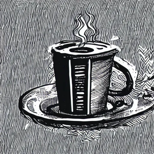 Image similar to a hand drawn illustration of a living box of KD holding a cup of coffee