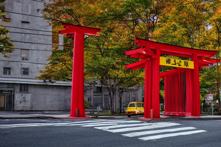 Image similar to Yellow school bus, a red japanese Torii gate, New York location in USA, atomic bomb dropping from the sky, ray tracing, high detail, 4K