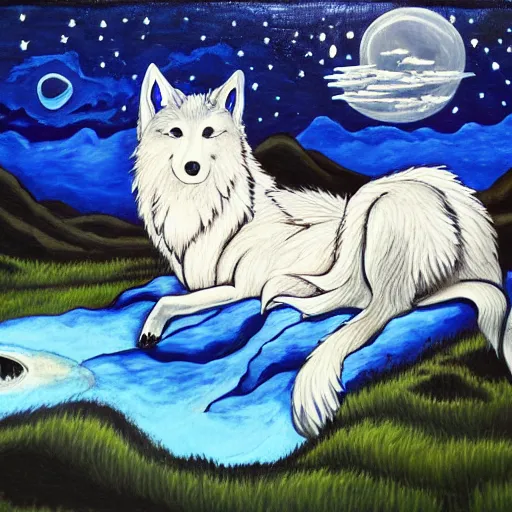Prompt: wolf okami!!!!!!! resting under a sky full of stars, by a deep!! river, calm, acrylic on canvas, okami, okami, okami, okami, okami, okami