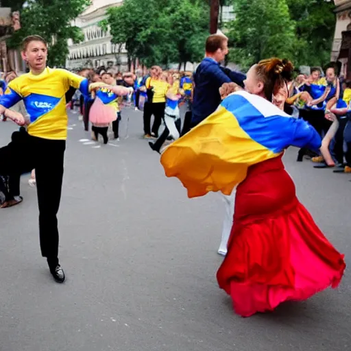 Prompt: ukraine and russia settle their differences through dancing in the streets.