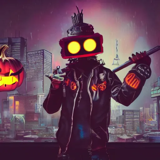 Prompt: a cyberpunk punk with a pumpkin head on a house roof with a baseball bat