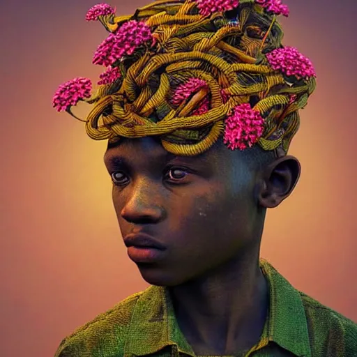 Image similar to colourful vfx art - portrait of nigerian boy wrapped in flowers & vines, art by zdzisaw beksinski & james jean, volumetric light, ray tracing, sharp, detailed, digital painting, illustration, highly detailed, intricate detail, unreal engine, octane render, global light, pinterest, behance, art station,