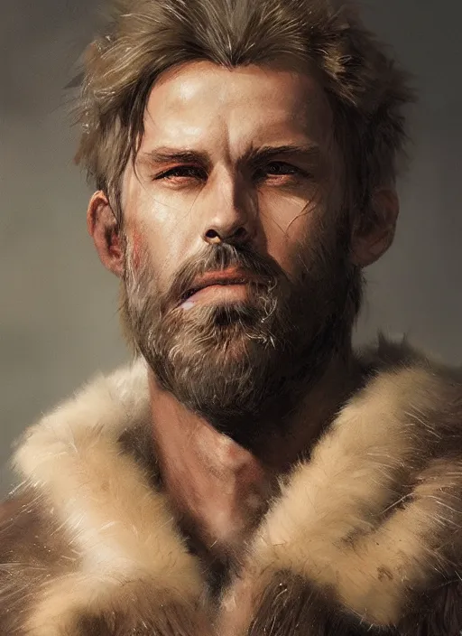 Prompt: portrait of a rugged man wearing a fur coat, highly detailed, fantasy, godrays, cinematic lighting, close up, volumetric, realistic, digital art by greg rutkowski