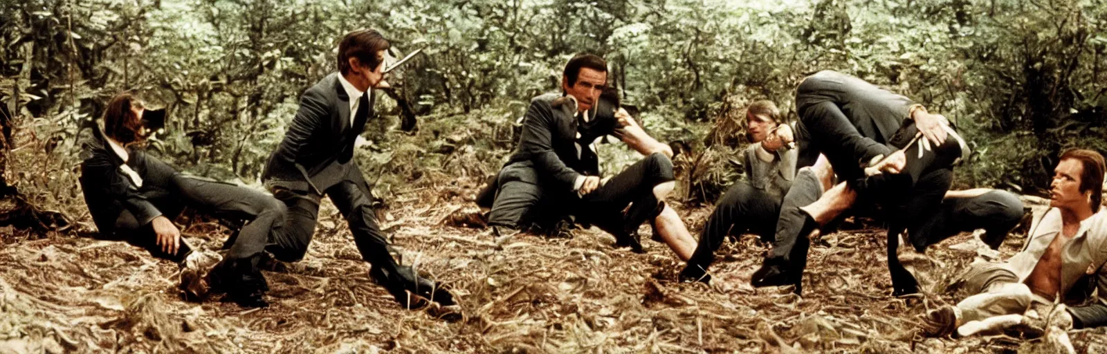 Prompt: two james bonds hide from each other in this still from the 1969 movie James Bond Battle Royale - art direction by moebius and jodorowsky hq production still technicolor