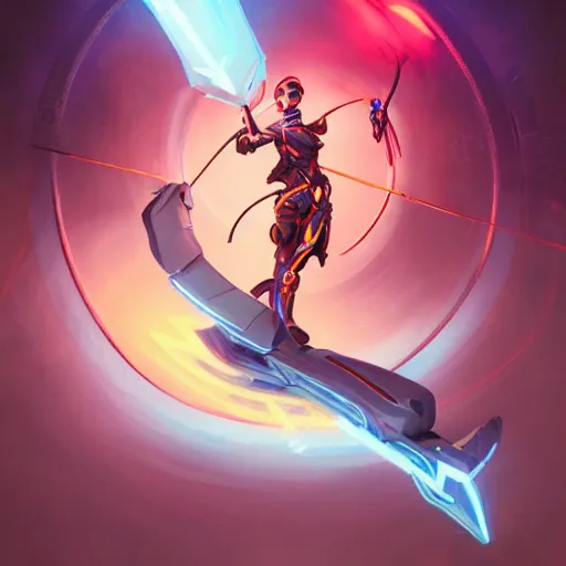 Prompt: action portrait of an astonishing beautiful futuristic robot archer, glowing neon bow, dungeons and dragons character design, artgerm and peter mohrbacher style, 4k