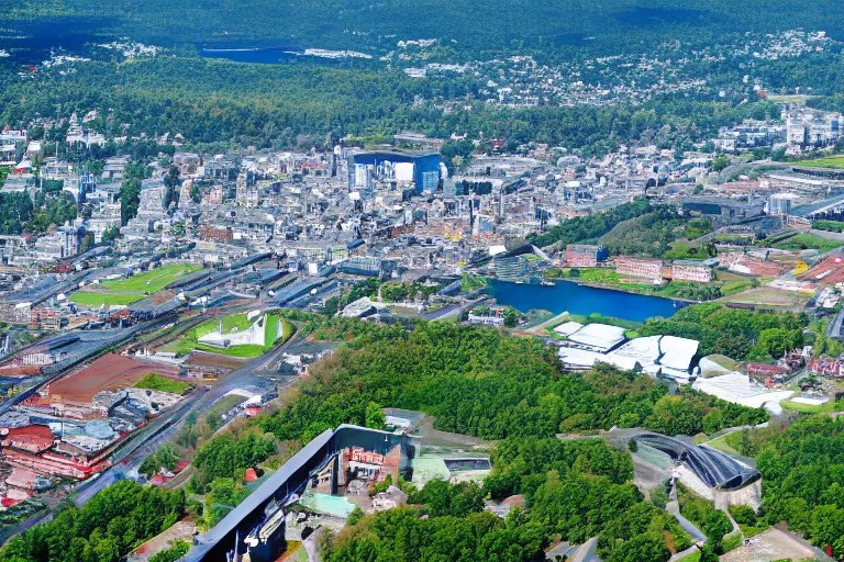 Image similar to bird's eye view photography of a small city. town hall, central farm, monorail station, inlet and shipping dock. hills, woods and pond to the north.