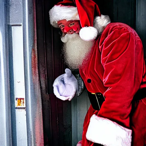 Image similar to glamour shot of a creepy Santa in the alleyway behind a dumpster from David Lynch's Christmas movie. The Santa has weird off-putting eyes. Soft lighting, film grain, VHS copy