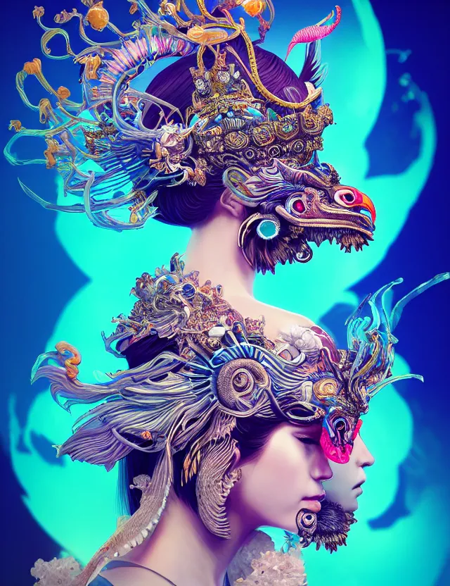 Image similar to 3 d goddess close - up profile portrait with crown, ram skull. beautiful intricately detailed neon japanese crow kitsune mask and clasical japanese kimono. betta fish, jellyfish phoenix, bio luminescent, plasma, ice, water, wind, creature, artwork by tooth wu and wlop and beeple and greg rutkowski