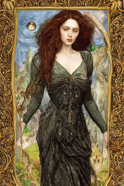 Image similar to An extremely beautiful pre-raphaelite ornate portrait of a very beautiful witch, surreal, ultradetailed, intricate, elegant, digital art painting, concept art, smooth, sharp focus, magazine art cover illustration, regal, award winning picture, extremely detailed masterpiece, sense of awe, featured on Artstation, Artgerm, winning award piece, ethereal bubbles, Aetherpunk, low-key neon lightning, stormy weather, Exquisite floral details, 8K detail post-processing, matte, oil painting