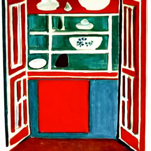 Prompt: open refrigerator, in the style of red madras headdress le madras rouge by henri matisse.