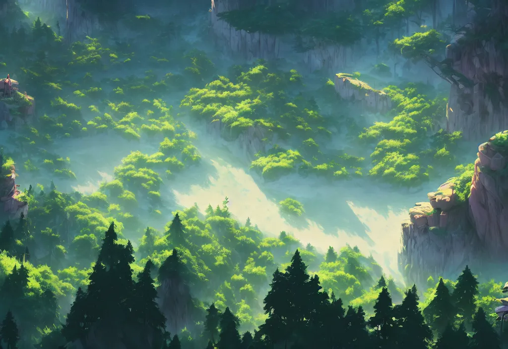 Image similar to high view of the background of a forest that has an endless pit in the bottom of the image, visible brush strokes, forest, dynamic lighting, aesthetics, smooth, d & d, fantasy, asymmetrical, elegant, matte painting, by makoto shinkai borderlands and by feng zhu rossdraws, fan art, cartoon style