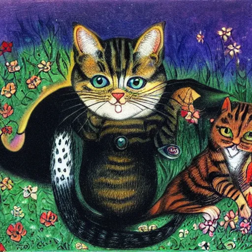 Image similar to a cat and mouse, fantasy art, louis wain