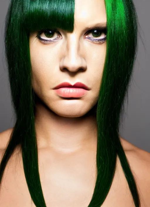 Image similar to a photo portrait of a very muscular woman with dark green hair and green skin by terry richardson, sharp focus.