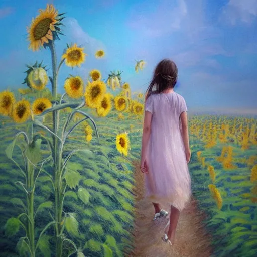 Image similar to a dreamy vision of girl slowly walking through amazing tall sunflower field, her hair flowing down, fog, subtle, intricate details, real masterpiece, oil on canvas, by somsak anong