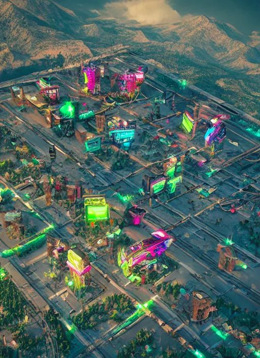 Image similar to abandoned cyberpunk village on a mountain, bird eye view, neon colors artwork by beeple