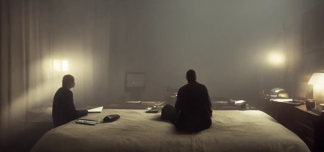 Image similar to an isolated man sitting at his computer in his bedroom, foggy, cinematic shot, photo still from movie by denis villeneuve, wayne barlowe