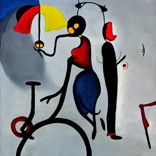 Image similar to an acryllic painting of a group of strange people, on a pale background, muted palette mostly white, black, gray, dark red, dark blue, figure riding penny farthing, woman in long dresses with parasol, astronaut, objects and shapes are scattered around the composition, minimalistic, mixed media, in the styles of both joan miro and mark rothko