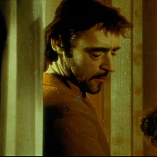 Image similar to a man and a robot in a moment of jealousy, movie still, cinematic lighting, Movie by Andrzej Zulawski and David Lynch