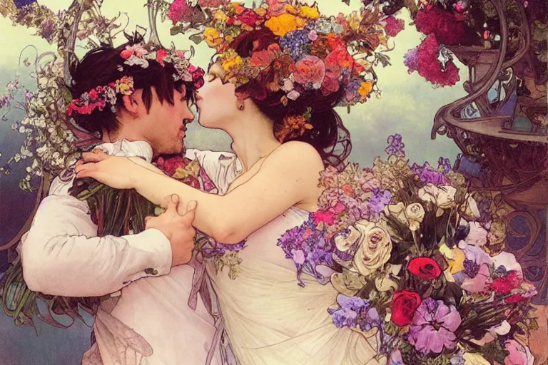 Image similar to the groom kisses the bride at a wedding full of flowers, bright and happy, dreamlike art, highly detail, 4 k realistic, wedding photoy krenz cushart. artem demura. alphonse mucha. yoji shinkawa artgerm. jon lothian. danilo torres. adi meyers. thomas reimann. gaston bussiere.