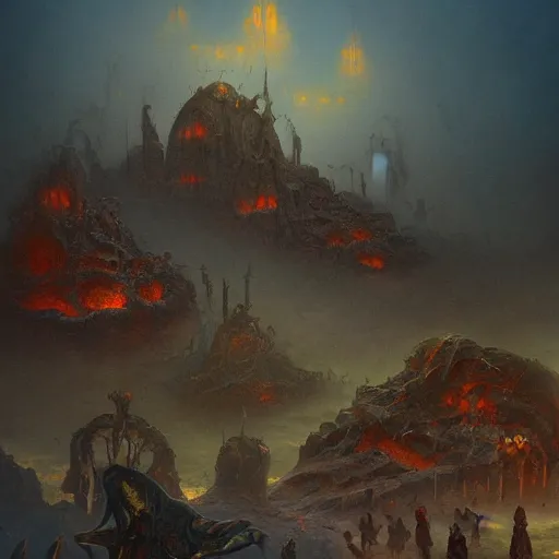 Prompt: a barren hellscape populated by demons, painted by thomas kinkade and wayne douglas barlowe, digital art, trending on artstation