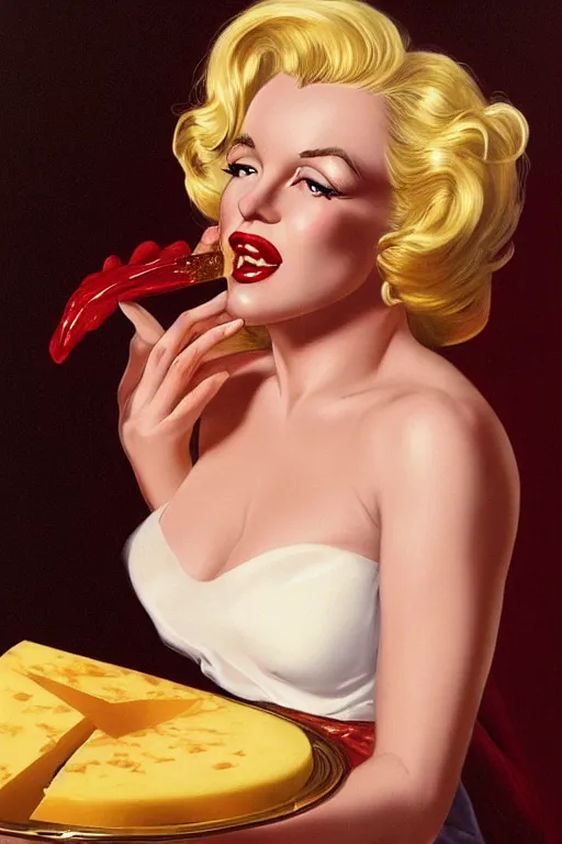 Prompt: a blond mix between Marilyn Monroe and Jessica Rabbit, eating a resplendent piece of cheese, golden hour, artstation, by J. C. Leyendecker and Peter Paul Rubens,