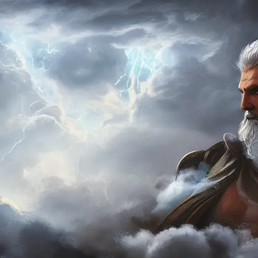 Image similar to an epic digital art of Zeus in thunderclouds by Diego Gisbert Llorens, Zeus, epic painting, masterpiece, hyperdetailed, artstation, cgsociety, 8k