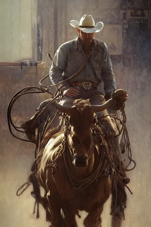 Prompt: hyperrealist portrait of a cowboy roping a steer coach by jeremy mann and alphonse mucha, fantasy art, photo realistic, dynamic lighting, artstation, poster, volumetric lighting, very detailed faces, 4 k, award winning