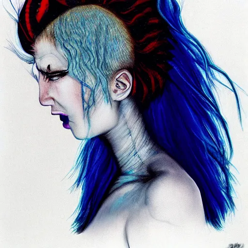 Prompt: Dragon girl, portrait of young girl half dragon half human, Dragon skin, Dragon eyes, Blue hair, Long hair, by David Lynch