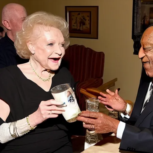 Prompt: bill cosby handing betty white a drink