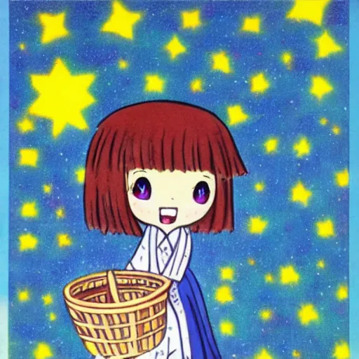 Prompt: A cute girl holding a basket full of stars, Japanese cartoon style