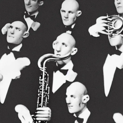 Image similar to photo of squidward from inside a 1 9 3 0's jazz ensemble