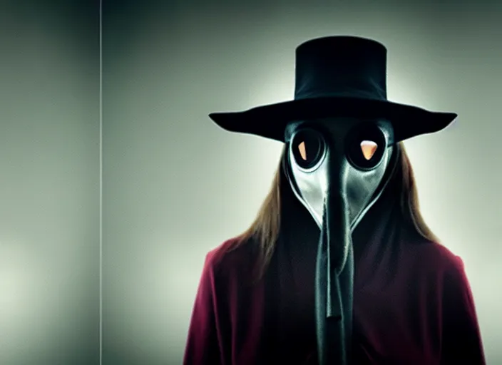 Image similar to photograph of a woman with a plague doctor mask staring at zombies, 8k resolution, high detail, ULTRA REALISTIC VFX, reflections