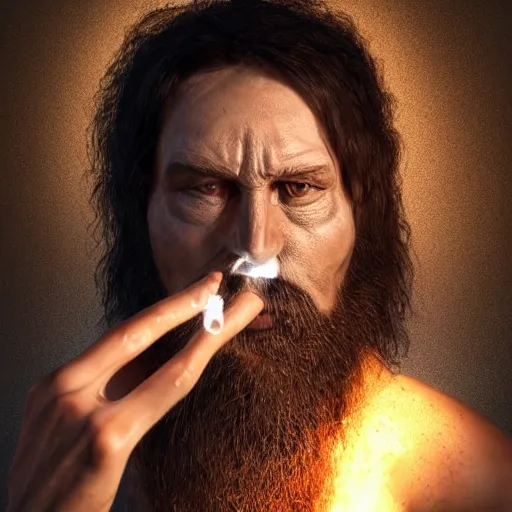 Image similar to realistic photo portrait of a prehistoric man smoking weed, volumetric lights, trending on artstation, studio photo, intricate details, highly detailed