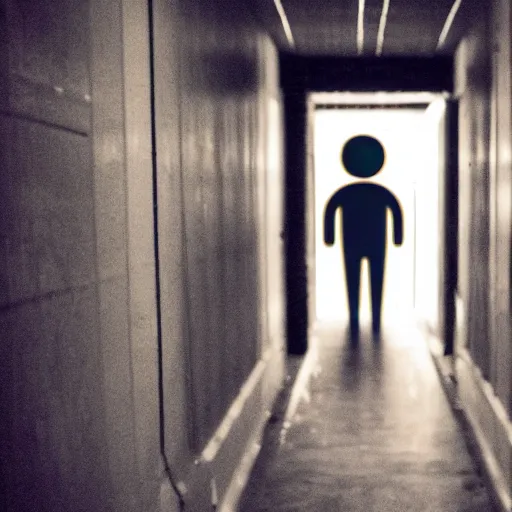 Prompt: found footage of a horrifying creepy narrow hallway with a glowing smiley face at the end, liminal space, very dark lighting, horror scene