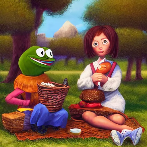 Image similar to Pepe the child and Gondola the child are sitting on a picnic in the park. High detail, masterpiece, trending on ArtStation, award winning.