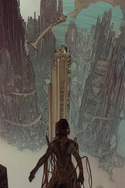 Image similar to comic book illustration, a very tall structure hovers 10 feet above the ground, scorched and cracked earth is below it and a young girl stands looking at it, cyberpunk concept art by Moebius and Alphonse Mucha, highly detailed, intricate, sci-fi, sharp focus, Trending on Artstation HQ, deviantart