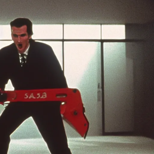 Image similar to film still of christian bale running with a chainsaw in american psycho ( 1 9 9 9 )