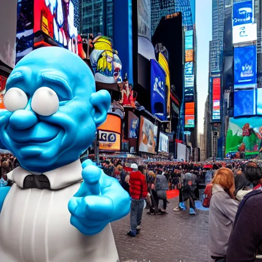 Image similar to a photograph of a very detailed renaissance sculpture of walter white as a smurf in times square, made by michelangelo, from the distance, hyper detailed, sharp focus, 8 k resolution, ray tracing