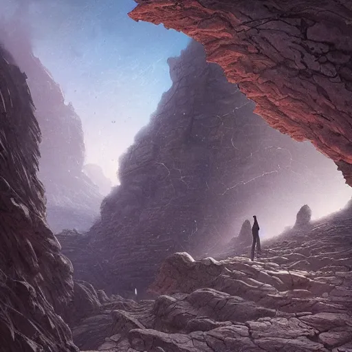 Prompt: a vast dry rocky plain with a network of cracks all over, zoomed out view. a young man with long dark hair wearing a long blue coat stands in the distance, glowing. fantasy painting by greg rutkowski.