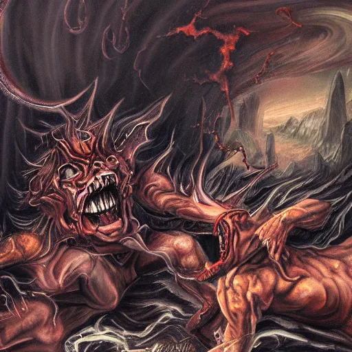 Prompt: realistc detailed painting two demons fighting each other in hell, dark style