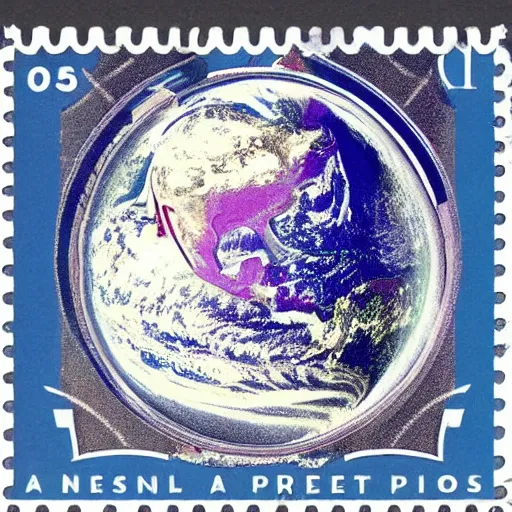 Prompt: a picture of a the Earth on a postage stamp from the 1940s