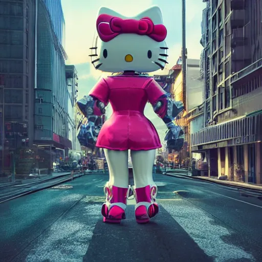 Prompt: a beautiful hyperrealistic ultradetailed 3D render of a hello kitty shaped mecha standing in the city, by brian sum and stephen martiniere and Antonio Manzanedo. mech, dragon, unreal engine, octane render, PBR, 3D, brilliantly colored, intricate, wide angle, volumetric lighting, polished, path tracing